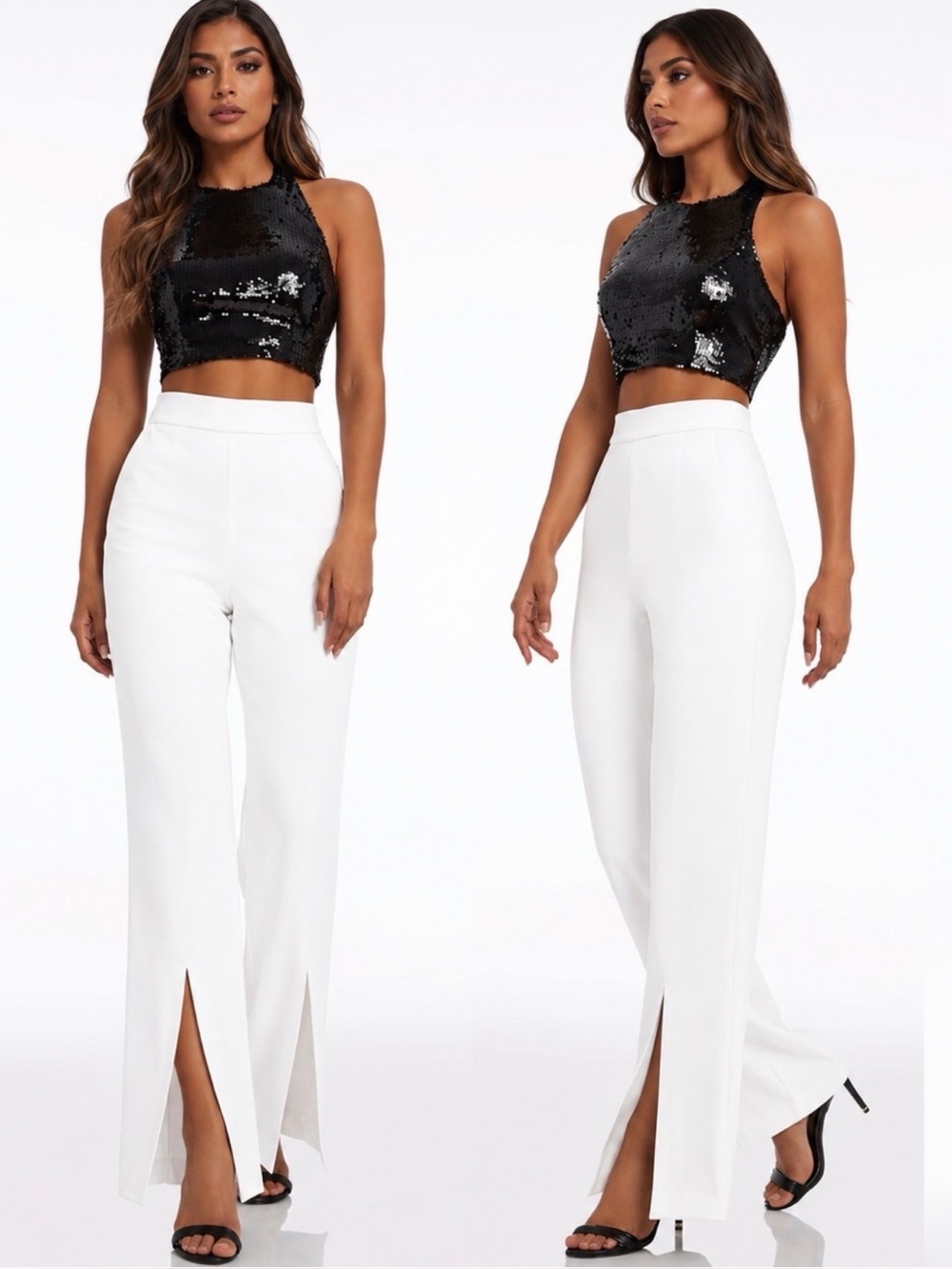 Dress the Population White High-Waist Wide Leg Split-Hem Pants